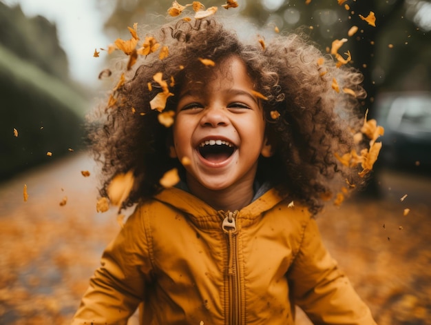 Foto braziliaans kind in speelse emotionele dynamische pose op herfstachtergrond