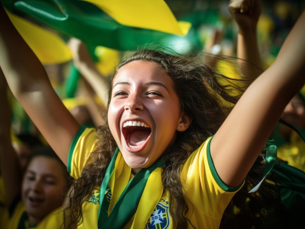 Foto braziliaans kind viert de overwinning van zijn voetbalteam