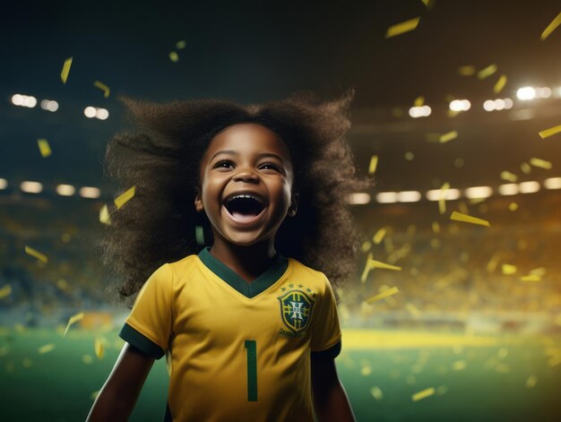 Braziliaans kind viert de overwinning van zijn voetbalteam