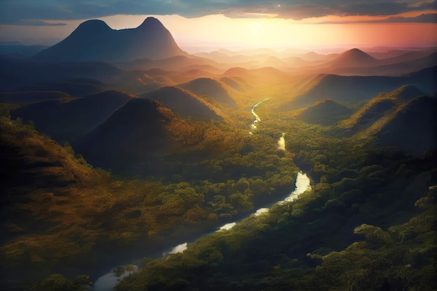 Braziliaans landschap met berg en rivier bij zonsondergang Generatieve AI Kunst Prachtig uitzicht