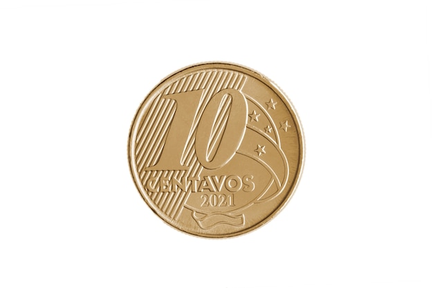 Braziliaanse "10 centavos de Real" 2021 munt omgekeerd op witte achtergrond - hoge vergroting