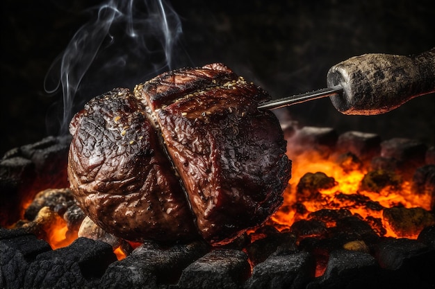 Braziliaanse barbecue geserveerd met picanha steak op houtskool barbecue AI gegenereerd