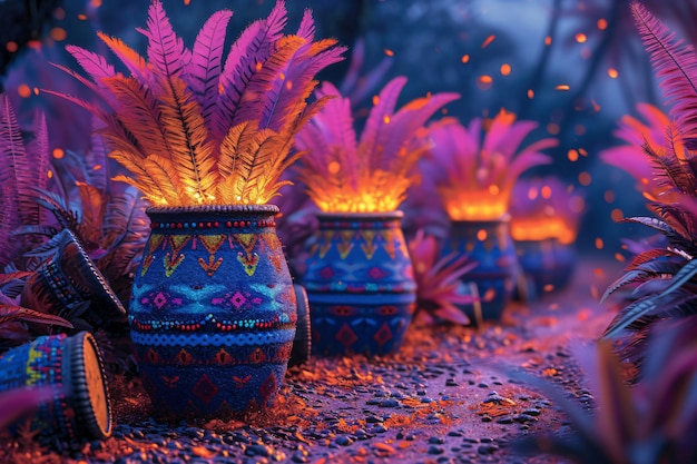 Braziliaanse en Afrikaanse kleurrijke trommels met veren en bloemen Braziliaanse muziek Carnavalsconcept