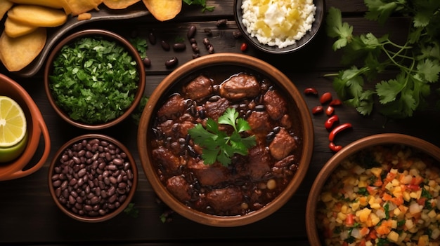 Braziliaanse Feijoada Food Top view Zuid-Amerikaanse keuken Voedselontwerp Ingrediënten en kom