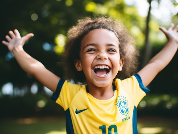 Braziliaanse jongen viert de overwinning van zijn voetbalteam