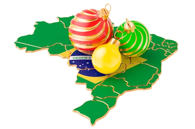 Braziliaanse kaart met gekleurde kerstballen Nieuwjaar en kerstvakantie concept 3D-rendering