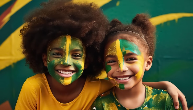 Braziliaanse kinderen met kleurrijke verf en gezicht geschilderd in de stijl van donkergroen en lichtgoud