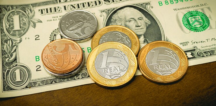 Braziliaanse real en Amerikaanse dollar op foto voor valutamarktconcept