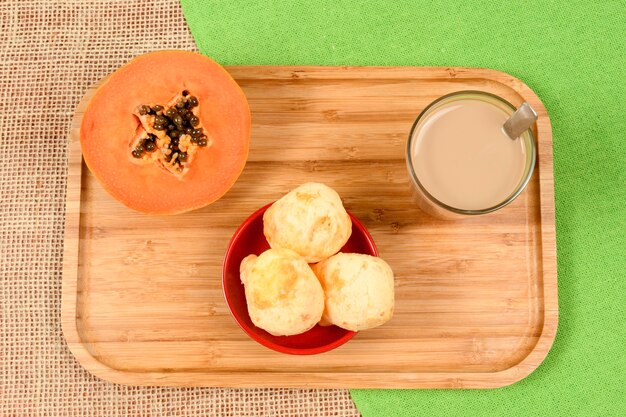 Braziliaanse voedselgids - ontbijt, met koffie met melk, kaasbrood en papajafruit