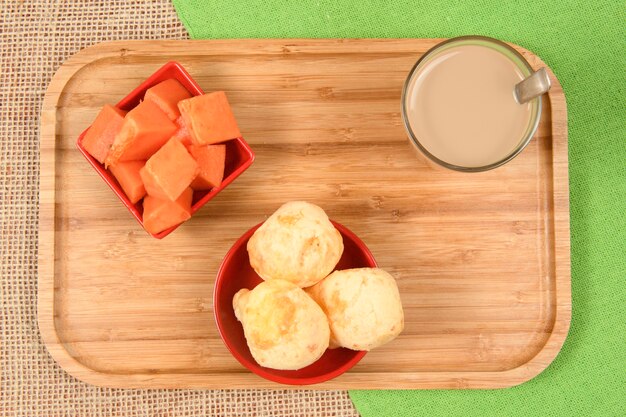 Braziliaanse voedselgids - ontbijt, met koffie met melk, kaasbrood en papajafruit