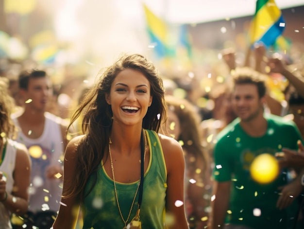 Foto braziliaanse vrouw viert de overwinning van haar voetbalteam