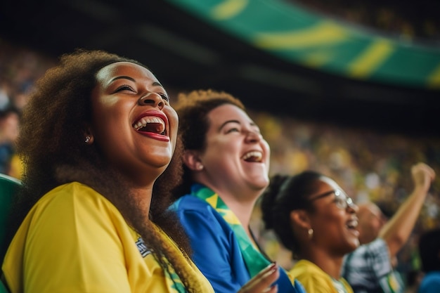 Braziliaanse vrouwelijke voetbalfans in een WK-stadion die het nationale team steunen