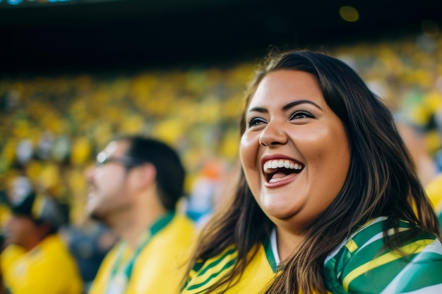 Braziliaanse vrouwelijke voetbalfans in een WK-stadion die het nationale team steunen