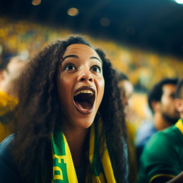 Braziliaanse vrouwelijke voetbalfans in een WK-stadion ter ondersteuning van het nationale team