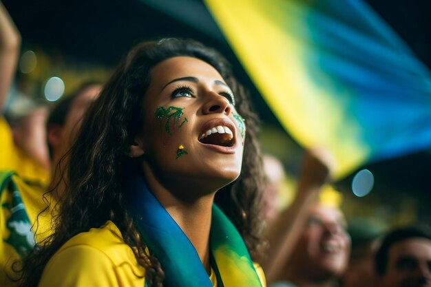 Braziliaanse vrouwelijke voetbalfans in een WK-stadion ter ondersteuning van het nationale team