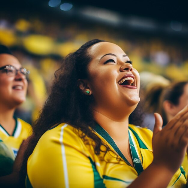 Braziliaanse vrouwelijke voetbalfans in een WK-stadion ter ondersteuning van het nationale team