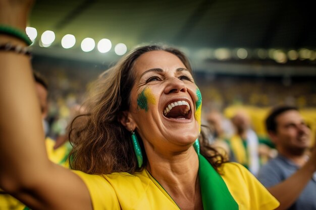 Braziliaanse vrouwelijke voetbalfans in een WK-stadion ter ondersteuning van het nationale team