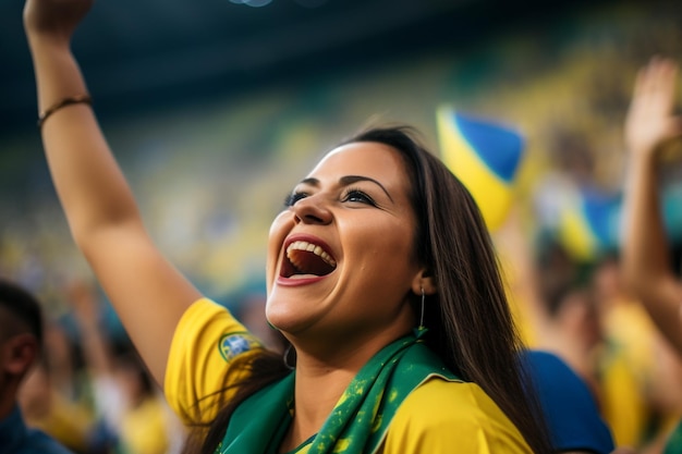 Braziliaanse vrouwelijke voetbalfans in een WK-stadion ter ondersteuning van het nationale team