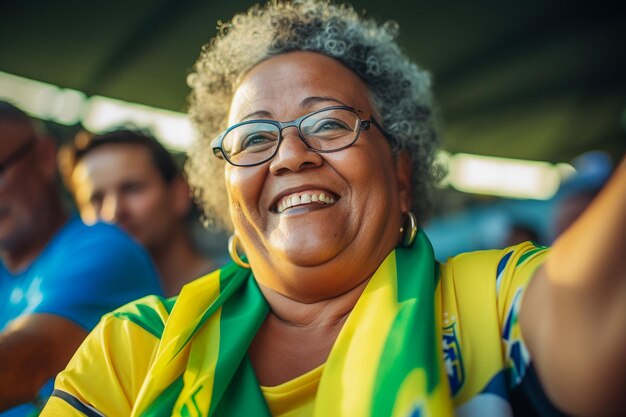 Foto braziliaanse vrouwelijke voetbalfans in een wk-stadion ter ondersteuning van het nationale team