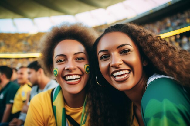 Braziliaanse vrouwelijke voetbalfans in een WK-stadion ter ondersteuning van het nationale team