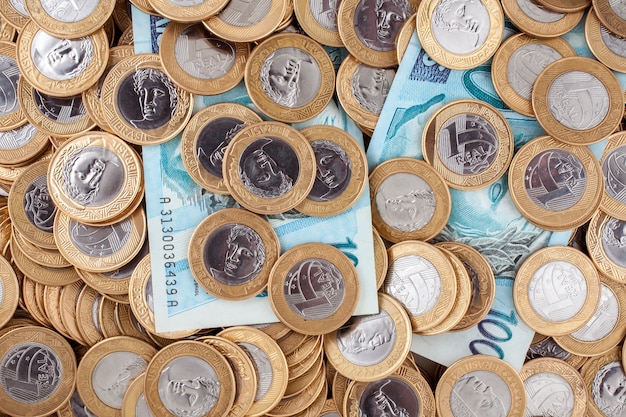 Brasiliano 1 monete reali e 100 banconote reais