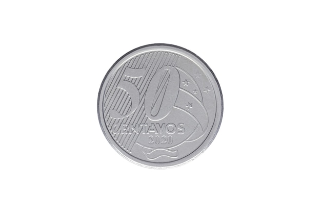 Brazilian "50 Real cents" coin 2020 on white background