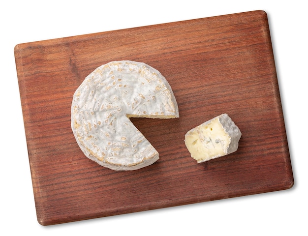 Brazilian artisan Bofete blue cheese with slice over wooden board isolated over white background