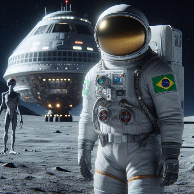 Brazilian astronaut on the moon with alien