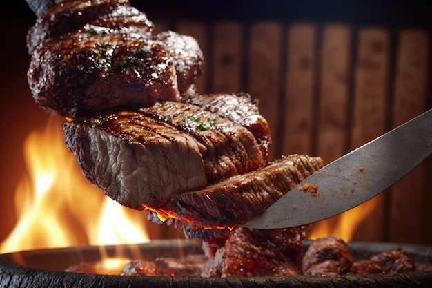 肉の柔らかさを示す炭焼き串とカットでピカニャを添えたブラジリアン バーベキュー