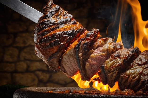 Brazilian barbecue served with picanha on a charcoal barbecue skewer and cut showing the tenderness of the meat