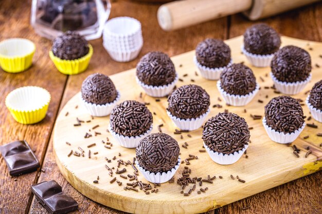 Brazilian bonbon called brigadeiro, small chocolate candy with sprinkles served at children's parties