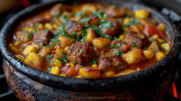 Brazilian Canjiquinha corn and pork stew in a rustic kitchen