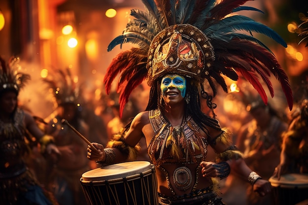 Бразильские карнавальные танцоры барабанщики в традиционном