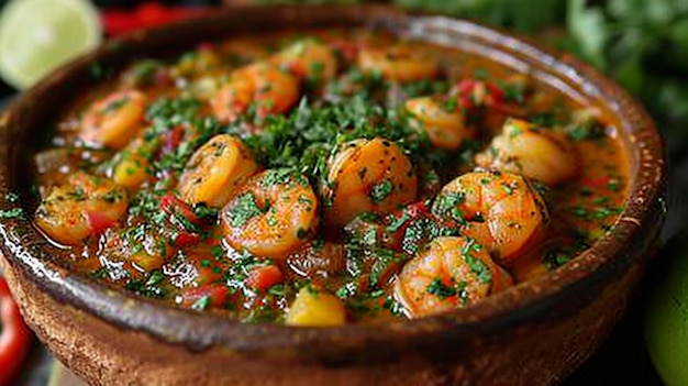 Brazilian Caruru okra shrimp stew in a clay pot