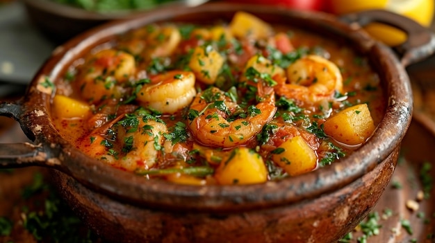 Brazilian Caruru okra shrimp stew in a clay pot