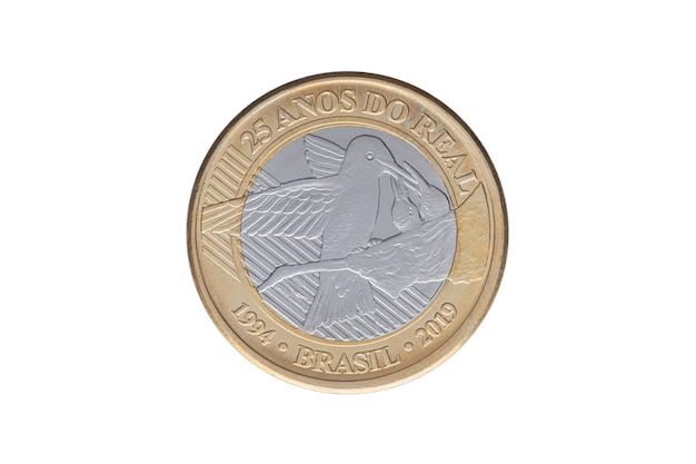 Brazilian commemorative "1 Real" coin 2019 - 25 years of Real monetary plan - on white background