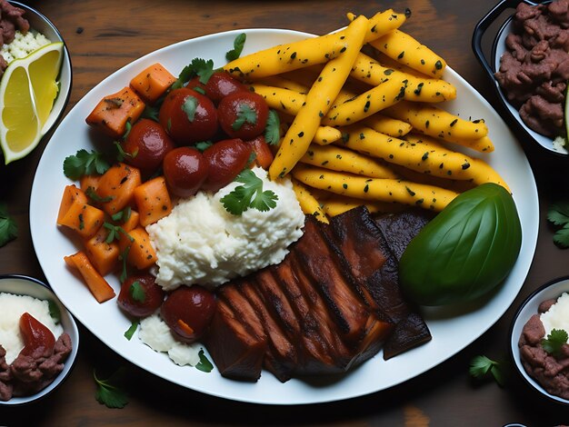 Brazilian delicious food dish roasted meat with sauce vegetables rice and fries generative ai