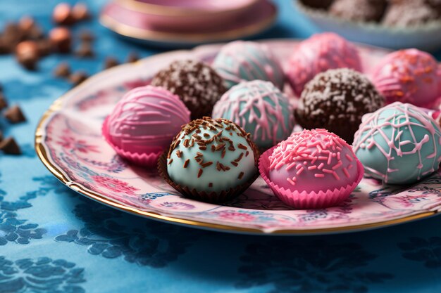 Photo brazilian dessert in a pastel blue and pink floral folk style