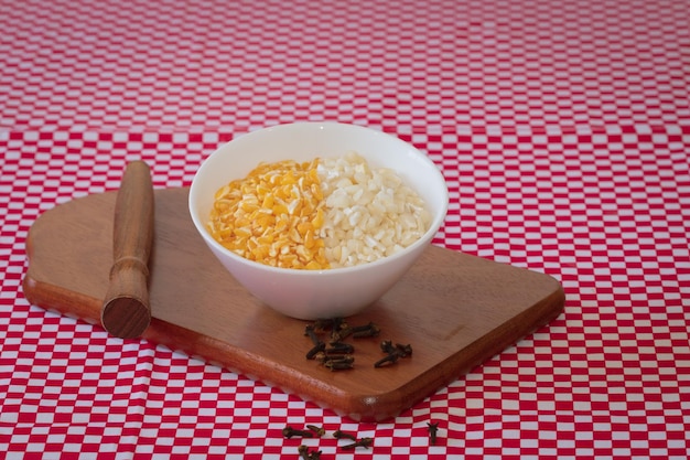 Brazilian dessert sweet canjica of white corn with pacoca sweet Brazilian winter sweet of Junina festival party