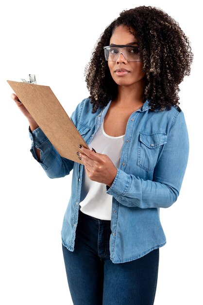 Brazilian engineer woman with a clipboard