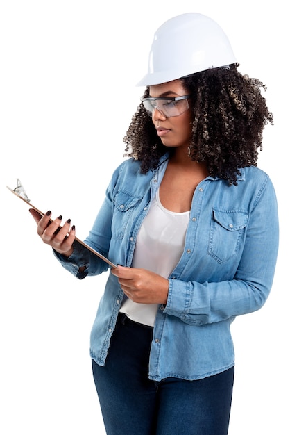 Brazilian engineer woman with a clipboard