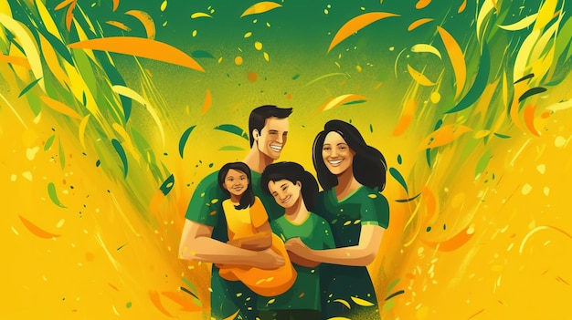 노란색과 녹색으로 독립 기념일을 축하하는 브라질 가족
