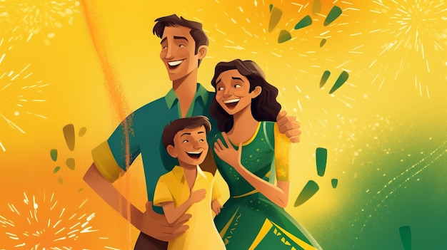 Brazilian Family Celebrating Independence Day in Yellow and Green Colors