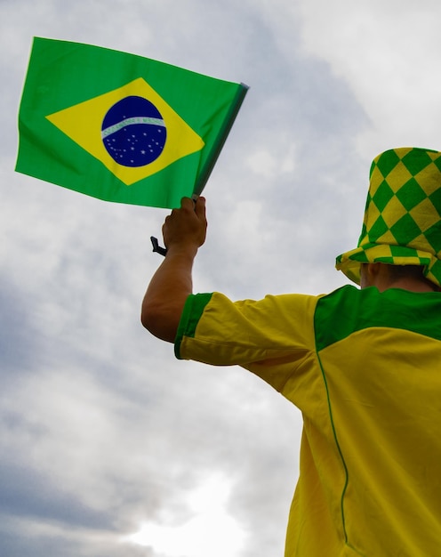 Brazilian fan celebrating and cheering for the Brazil national team at the World Cup