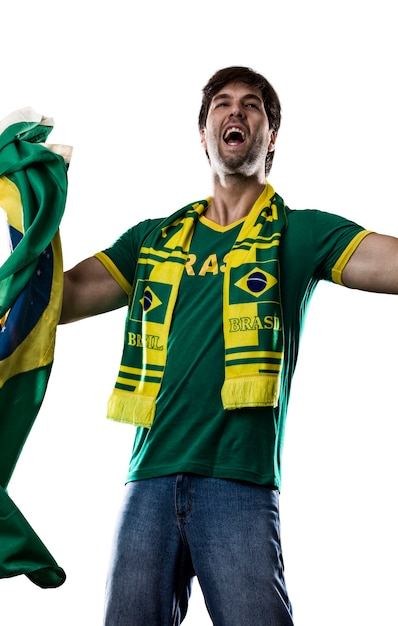 Brazilian Fan Celebrating, on a white space.