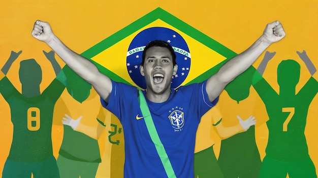 Photo brazilian fan cheering in the crowd on yellow background