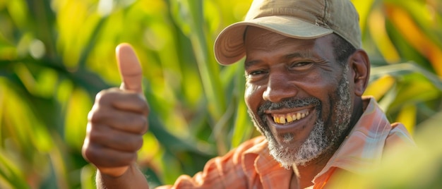 Brazilian farmer Sugarcane farm Black farmer making thumbs up with hands and smiling Sugarcane crop