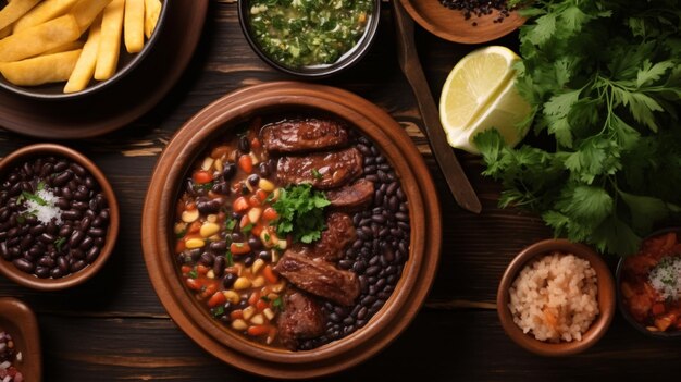 Brazilian Feijoada Food Top view South American cuisine Food design Ingredients and bowl