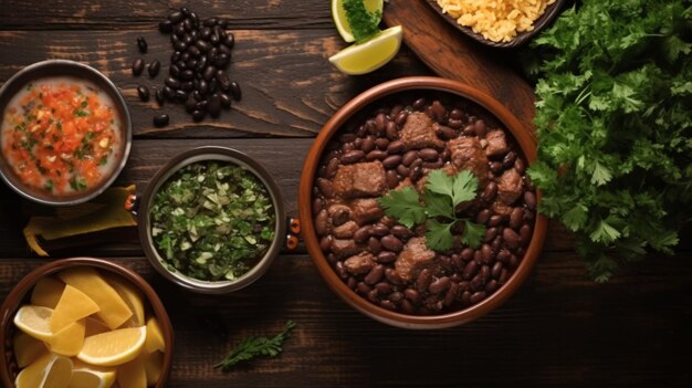 Brazilian Feijoada Food Top view South American cuisine Food design Ingredients and bowl