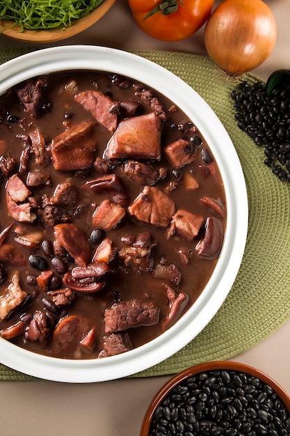 Brazilian Feijoada Food. Top view with copy space.